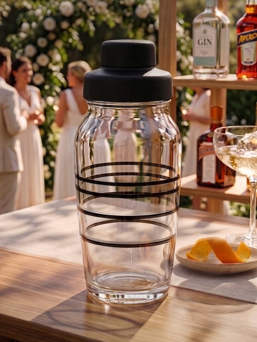 The Infinity Shaker — a glass shaker with four unmarked fill lines, on a wooden table at an outdoor wedding